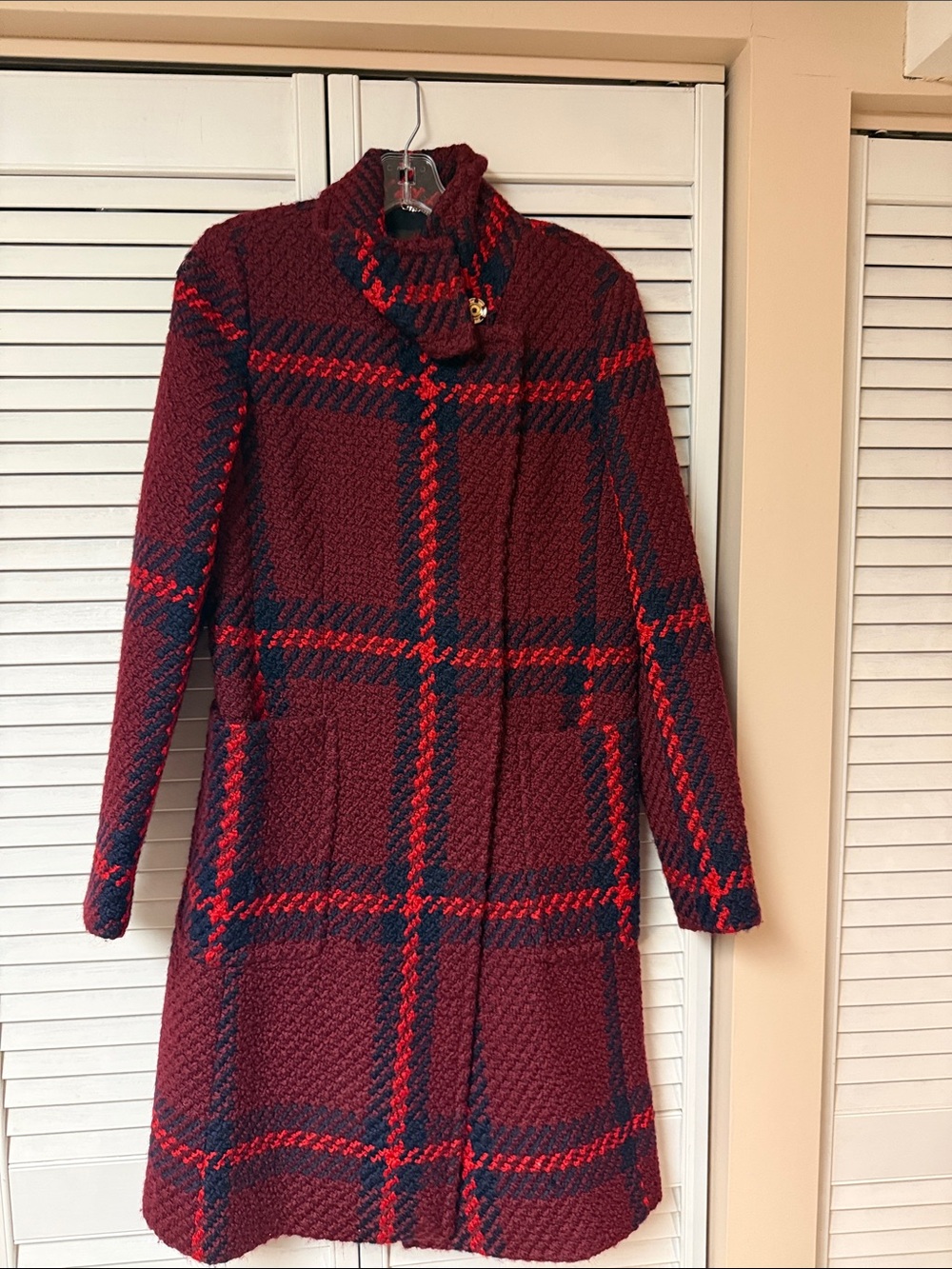 Ann Taylor wool Women's Burgundy Plaid Long Coat - Brand Unspecified